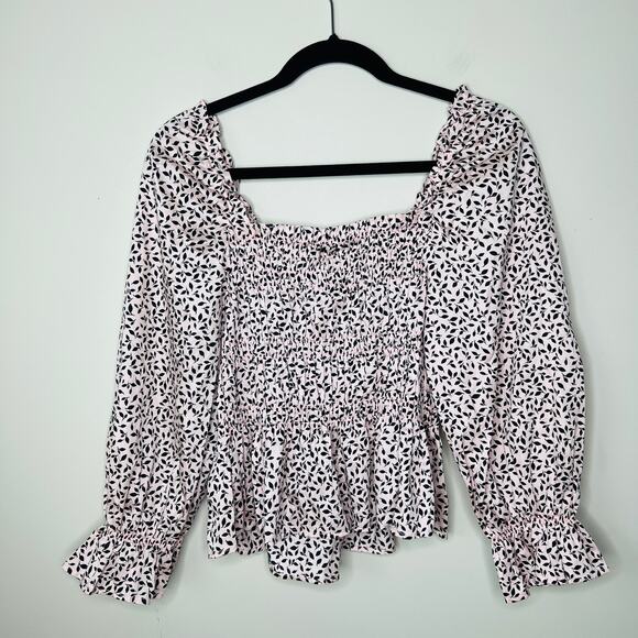 NWT Who‎ What Wear Pink Mini Leaves Smocked Puff-Sleeve Peplum Top Size S - Picture 8 of 11